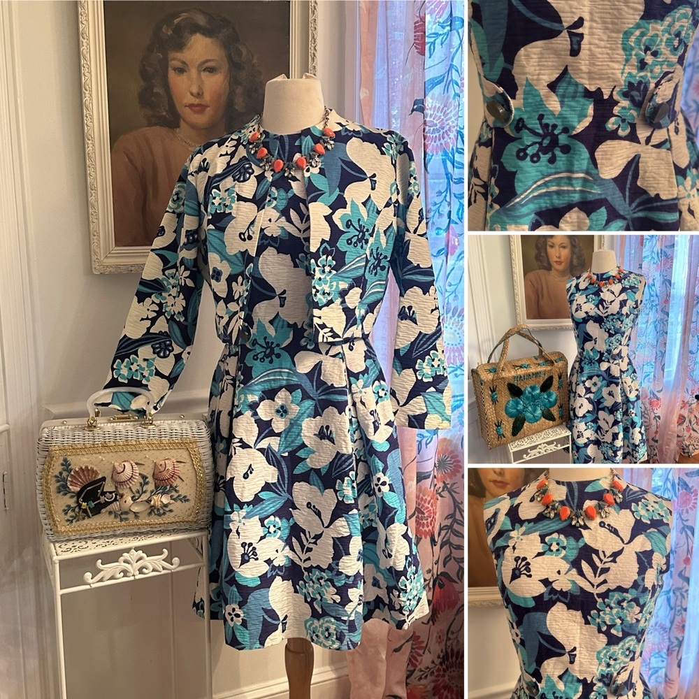 Floral Blue and White Dress with bolero jacket 1960s vintage